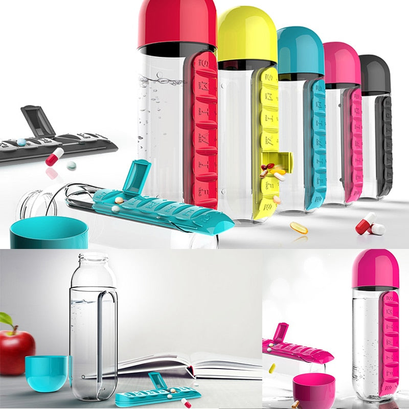 2 in 1 Water Bottle With Pill Box Organizer