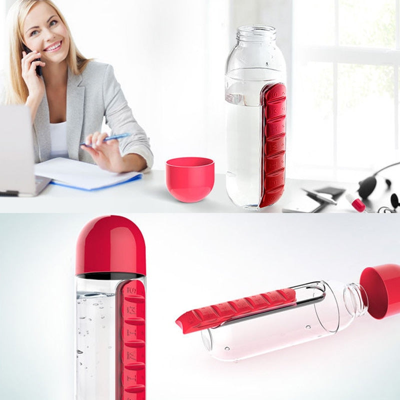 2 in 1 Water Bottle With Pill Box Organizer
